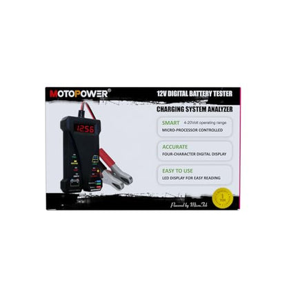 MOTOPOWER MP0514A 12V Digital Car Battery Tester Voltmeter and Charging System Analyzer with LCD Display and LED Indication - Black Rubber Paint