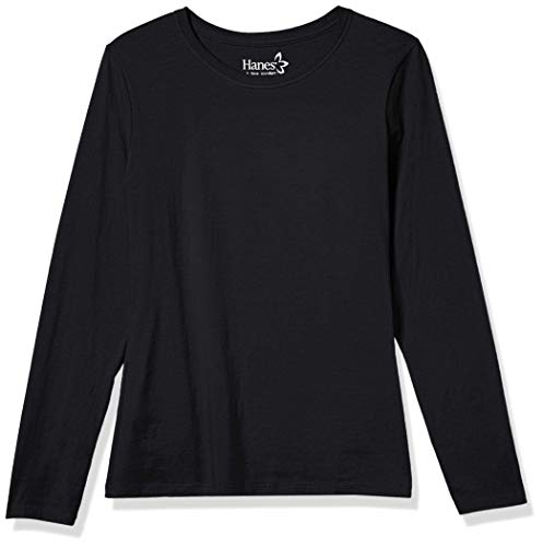 Hanes Long Sleeve Cotton T-Shirt, Lightweight Crewneck Tee for Women, Modern Fit, Ebony, Large