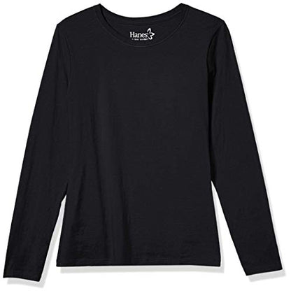 Hanes Long Sleeve Cotton T-Shirt, Lightweight Crewneck Tee for Women, Modern Fit, Ebony, Large