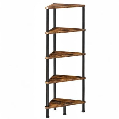 HOOBRO Corner Shelf Stand, Industrial 5-Tier Corner Bookshelf with Metal Frame, Plant Display Shelf, Small Bookcase for Small Spaces, Bedroom, Living Room, Rustic Brown BF33CJ01