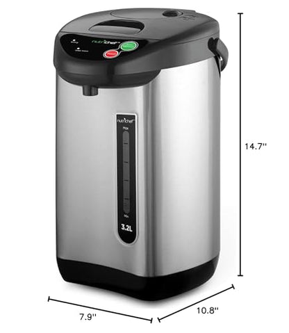 NutriChef Hot Water Urn Pot Insulated Stainless Steel,Auto & Manual Dispense,Auto Boiler,Safety Lock Shutoff 3.38 QT /3.2L - Auto Boiler Shut Off - PKWK43