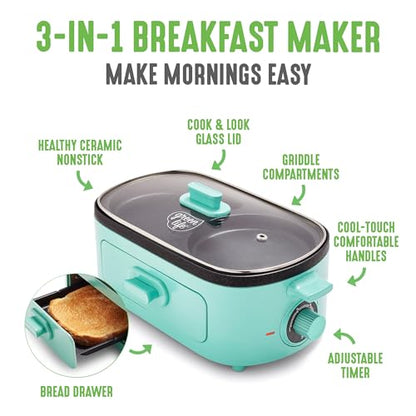 GreenLife 3-in-1 Breakfast Maker Station, Healthy Ceramic Nonstick Dual Griddles for Eggs Meat Sausage Bacon Pancakes and Breakfast Sandwiches, 2 Slice Toast Drawer, Easy-to-use Timer, Turquoise