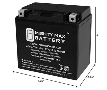 Mighty Max Battery YTX14-BS - 12 Volt 12 AH, 200 CCA, Rechargeable Maintenance Free SLA AGM Motorcycle Battery