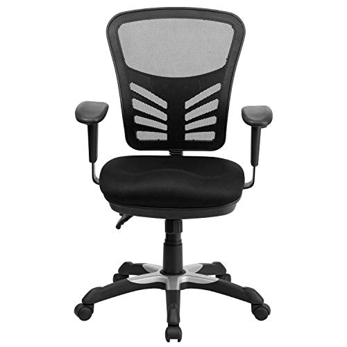 Flash Furniture Nicholas Mid-Back Swivel Desk Chair with Wheels, Mesh Back, Padded Seat, and Armrests, Adjustable Height Mesh Ergonomic Office Chair, Black