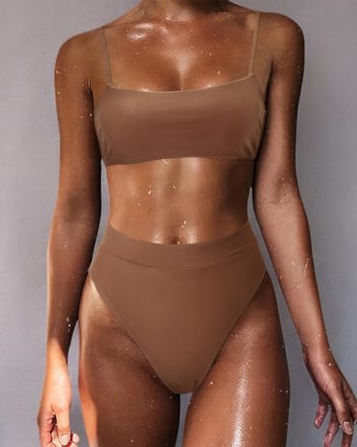 MOSHENGQI Women High Waisted High Cut Bikini Push Up Bandeau Swimsuits (M, Brown)