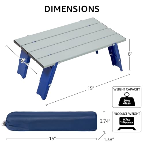 PORTAL Folding Mini Small Beach Table, Portable Aluminum Beach Table with Retractable Legs and Carry Bag for Outdoor Picnic/Cooking/Camp/Travel/Beach,15" L x 8" W x 6" H, Silver/Blue