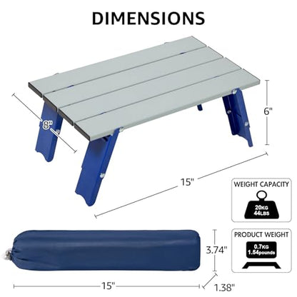 PORTAL Folding Mini Small Beach Table, Portable Aluminum Beach Table with Retractable Legs and Carry Bag for Outdoor Picnic/Cooking/Camp/Travel/Beach,15" L x 8" W x 6" H, Silver/Blue