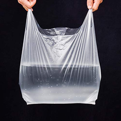 LazyMe T Shirt Bags Plastic Grocery Bags with Handles for Merchandise and Supermarket, Bolsas De Plastico Para Negocio, 12 x 20 Inch (White, 100Pcs)