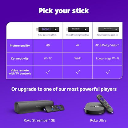 Roku Streaming Stick 4K - HDR & Dolby Vision Roku Streaming Device for TV with Voice Remote & Long-Range Wi-Fi - Free & Live TV