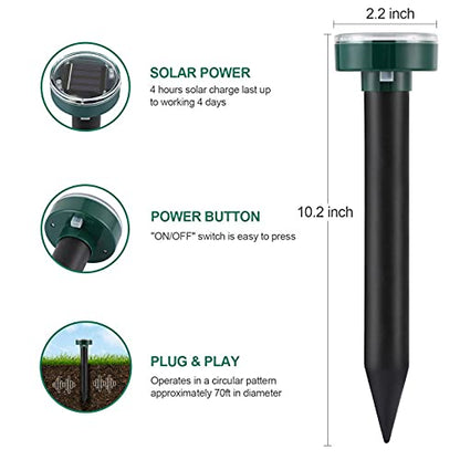 Mole Repellent Solar Powered Gopher Repellent Ultrasonic Solar Powered Sonic Mole Deterrent Stakes, Snake Groundhog Repellent for Yard, Garden, Lawn (4 Pack)