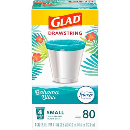 Glad Small Trash Bags 4 Gallon, Febreze Bahama Bliss Garbage Bags, Odor Resistant with Drawstring, 80 Count