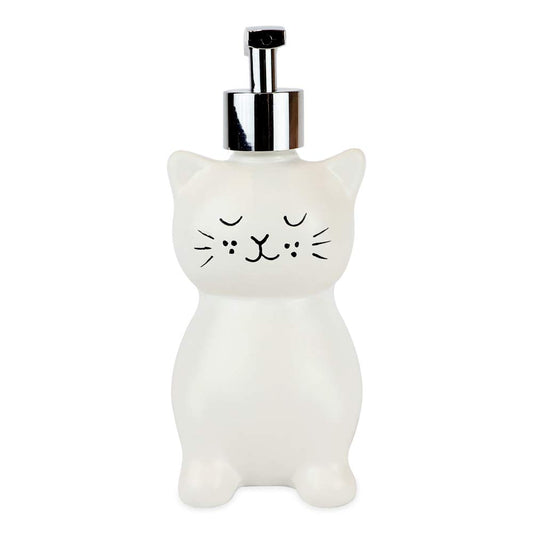 Isaac Jacobs White Ceramic Cat, Liquid Soap Pump/Lotion Dispenser with Chrome Metal Pump (Holds Up to 12 Oz) – Great for Bathroom, Kitchen Countertop, Bath Accessory (Cat)