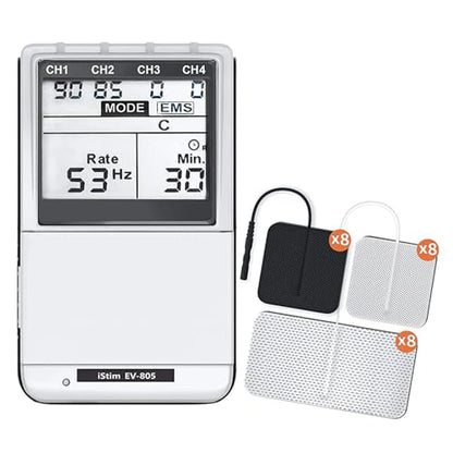 iSTIM EV-805 TENS EMS 4 Channel Rechargeable Combo Machine Unit - Muscle Stimulator + Back Pain Relief and Management- 24 Programs/Backlit (Including Electrodes Pads)