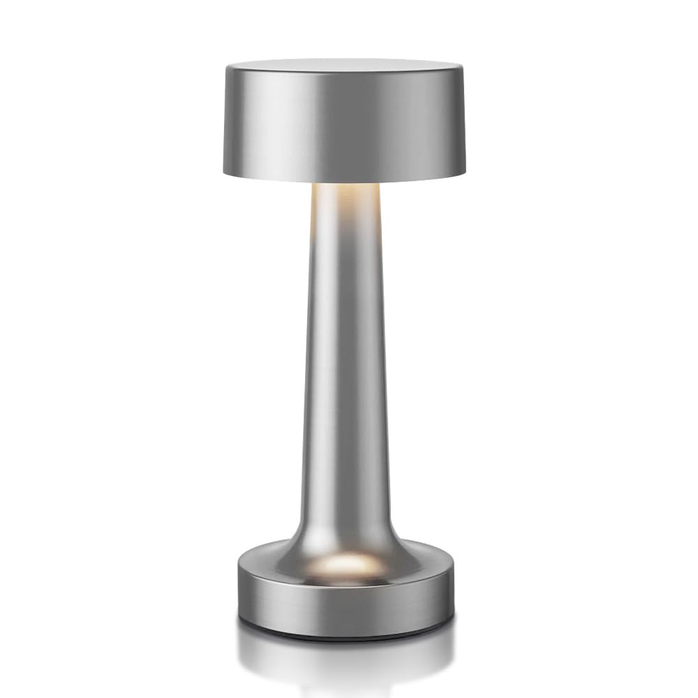 HPUFKOT Portable LED Table Lamp, 3-Levels Brightness Metal Desk Lamp,3 Color Touch Control Rechargeable lamp, Ideal Bedside Lamp for Nightstand,Bedroom, Living Room (Silver)