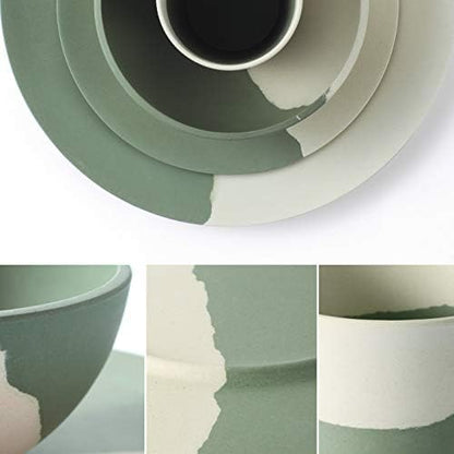 MORGIANA 8 pcs Bamboo Dinnerware Set Reusable Plates Bowls Sets, Camping Picnic Dishes Tableware Set for 2 (Green & White)