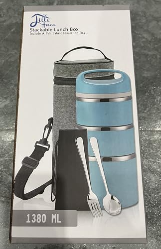 Lille Home Stackable Stainless Steel Thermal Compartment Lunch/Snack Box, 3-Tier Insulated Bento/Food Container with Lunch Bag, Utensils Set and Three Extra Seals, 43OZ (Gray)