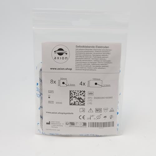 12 axion TENS Unit Electrode Pads Mix Set - 8 Square 2x2'' and 4 Rectangular 4x2'' Replacement Pads with 3,5mm Snap Button for TENS Machines and Muscle Stimulators | Reusable Self-Adhesive Electrodes