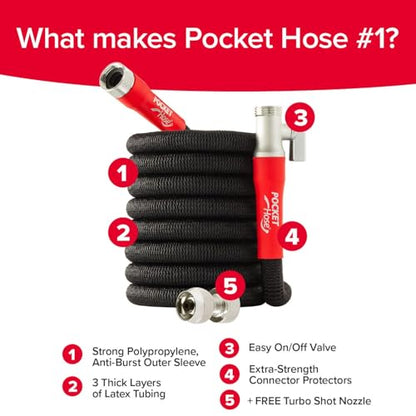 Pocket Hose Silver Bullet 2.0 Expandable Garden Hose 50-FT with Turbo Shot Nozzle, AS-SEEN-ON-TV, Lead-Free, Solid Aluminum Connectors, Easy On/Off Valve, Kink-Free, Leak-Proof