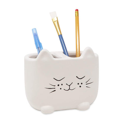 Isaac Jacobs White Ceramic Cat Makeup Brush Holder, Multi-Purpose 2-Section Organizer. Bathroom, Kitchen, Bedroom, Office Décor (2-Section Cup, Pastel White)