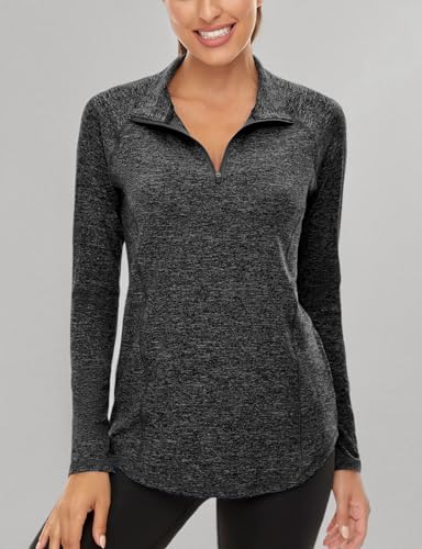 LURANEE Long Sleeve Running Shirts Women, Winter Quick Dry Yoga 1/4 Zip Pullover Relaxed Trendy Breathable Workout Training Tops Basic Cool Flattering Sport Athleisure T Shirts Drak Grey L