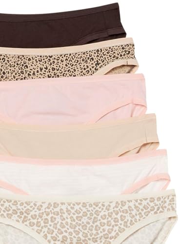Amazon Essentials Women's Cotton Bikini Brief Underwear (Available in Plus Size), Pack of 6, Animal Print/Leopard/Multicolor/Stripe, Large