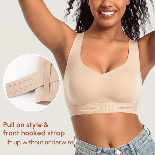 Posture Bra for Women Wireless Push Up Bralette Full Coverage Back Support Brasieres, Beige, L