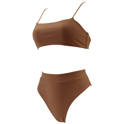 MOSHENGQI Women High Waisted High Cut Bikini Push Up Bandeau Swimsuits (M, Brown)