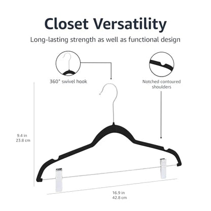 Amazon Basics Velvet, Non-Slip Skirt Clothes Hangers with Clips, Organize Pants and Skirts, Black/Silver, Pack of 24