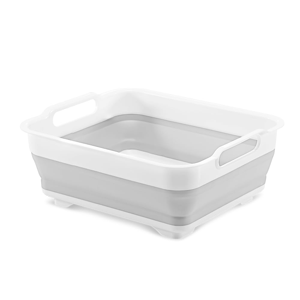 Madesmart Collapsible Dishwashing Basin with Handles, Plastic Pop-Up Dish Wash Basin for Kitchen Counters, Gray/White