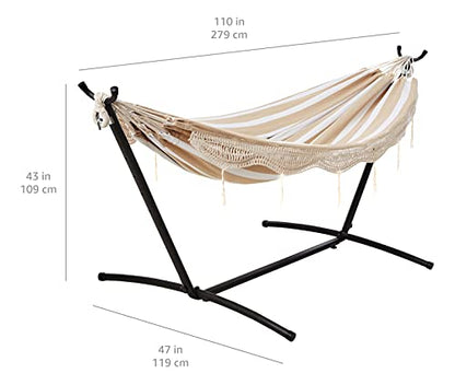Amazon Basics Double Hammock with 9-Foot Space Saving Steel Stand and Carrying Case, 450 lb Capacity, Beige Stripe with Lace, 110 x 47 x 43 inches