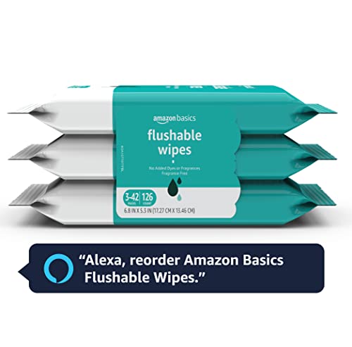 Amazon Basics Adult Wet Wipes Flushable Fragrance Free, 126 Count (3 Packs of 42) Packaging May Vary