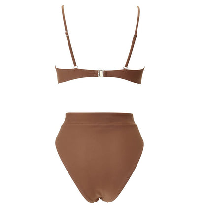 MOSHENGQI Women High Waisted High Cut Bikini Push Up Bandeau Swimsuits (M, Brown)