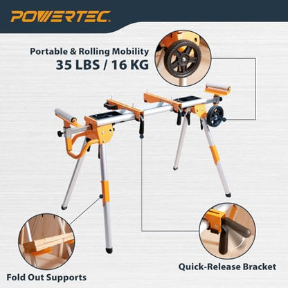 POWERTEC Miter Saw Stand w/Wheels, Collapsible and Portable Tool Stand with Systematic Tool Storage Trays, 330Lbs Load Capacity and Quick-Release Mounting Brackets, Miter Saw Accessories (MT4008VNEW)