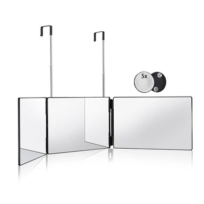 HIEEY 3 Way Mirror for Hair Cutting,360 Trifold Mirror with Height Adjustable Telescoping Hooks,and 5X Magnification,for Makeup, Hair Styling