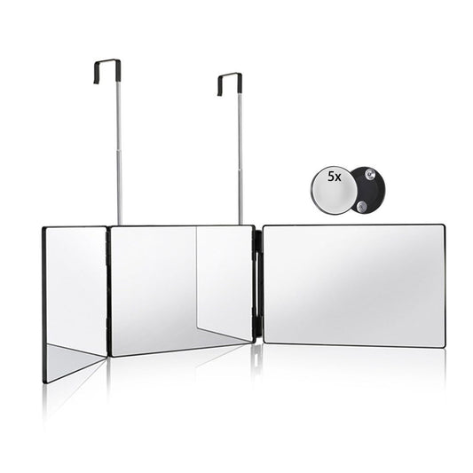 HIEEY 3 Way Mirror for Hair Cutting,360 Trifold Mirror with Height Adjustable Telescoping Hooks,and 5X Magnification,for Makeup, Hair Styling