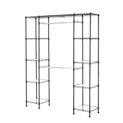 Amazon Basics Expandable Metal Hanging Closet Organizer and Storage Rack Wardrobe with Shelves, 57-80''L x 14''W x 72''H, Bronze