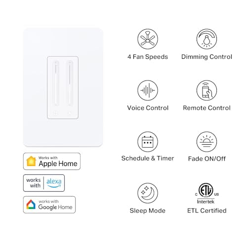 Kasa Smart Ceiling Fan Control & Dimmer Switch | Adjustable 4-Speed Fan & Brightness Control | Works w/Apple HomeKit, Alexa & Google Home | 2.4G Wi-Fi Only, Single Pole, Neutral Wire Required | KS240