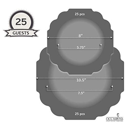 " OCCASIONS " 50 Plates Pack (25 Guests)-Heavyweight Wedding Party Disposable Plastic Plate Set -(25x10.5'' Dinner + 25x8'' Salad/dessert (Imperial in White/Blue & Gold)