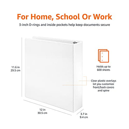 Amazon Basics 3 Ring Binders, 3 Inch, 2 Pack, D-Ring Organizer for School, Home Office, White