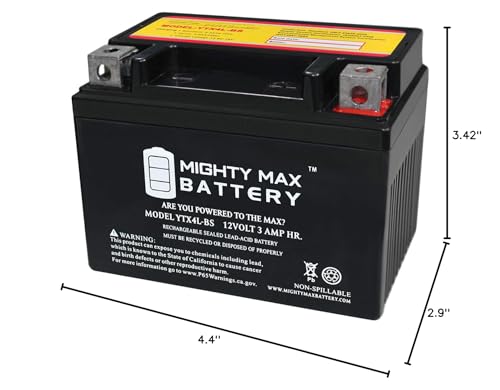 Mighty Max Battery YTX4L-BS - 12 Volt 3 AH, 50 CCA, Rechargeable Maintenance Free SLA AGM Motorcycle Battery
