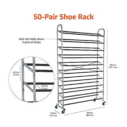Amazon Basics 50-Pair Shoe Rack Organizer, Chrome, 35.8 x 14.6 x 59.5 inches