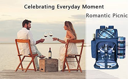 Hap Tim Picnic Basket Backpack for 2 Person with 2 Insulated Cooler Compartment, Wine Holder, Fleece Blanket, Cutlery Set, Gifts Ideals for Wedding, Housewarming, White Elephant, Bridal Showers