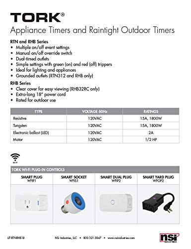 NSi Industries TORK RHB32R Indoor/Outdoor 15-Amp Plug-in Heavy Duty Mechanical Timer 24-Hour Programming – GREEN & RED Trippers TWO Receptacles Black Cover