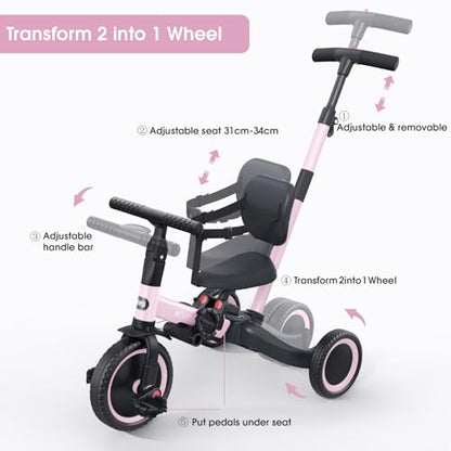 newyoo Toddler Tricycle,Toddler Bike,Birthday Gifts and Toys for 1-3 Year Old Boys and Girls, Trike with Push Handle, Backrest and Safety Belt, Balance Bike, TR007, Pink