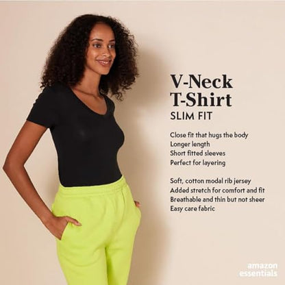 Amazon Essentials Women's Slim-Fit Short-Sleeve V-Neck T-Shirt, Pack of 2, Black/White, Medium