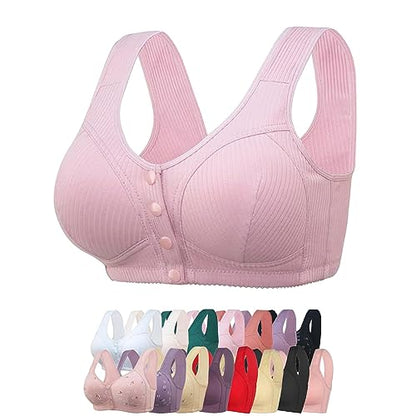 ObjFoch Daisy Bra, Front Snap Closure, Posture Correction, Wirefree, Cotton, S - 6XL, Stripe-Pink