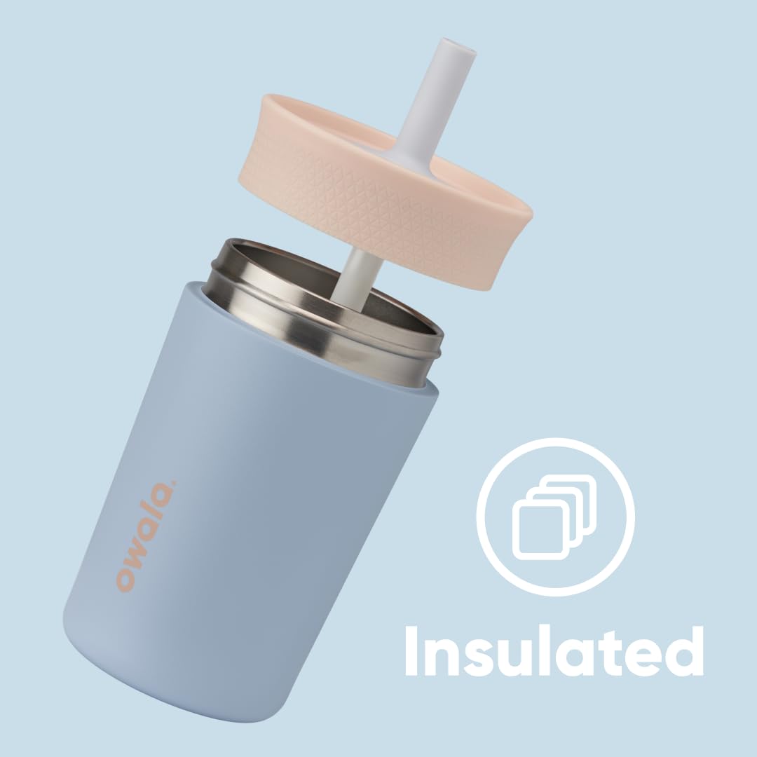 Owala Kids Insulation Stainless Steel Tumbler with Spill Resistant Flexible Straw, Easy to Clean, Kids Water Bottle, Great for Travel, Dishwasher Safe, 12 Oz, Tan and Blue (Seas the Day)