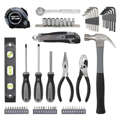 Amazon Basics 65 Piece Home Basic Repair Tool Kit Set With Bag, Silver, Black