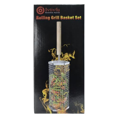 ivtivfu Rolling Grill Baskets (Hexagon), Removable Wooden Handle, 304 Stainless Steel, Nesting BBQ Accessories Tools for Vegetables Shrimp, Outdoor Cooking Camping, Birthday Gifts for Men Dad Husband