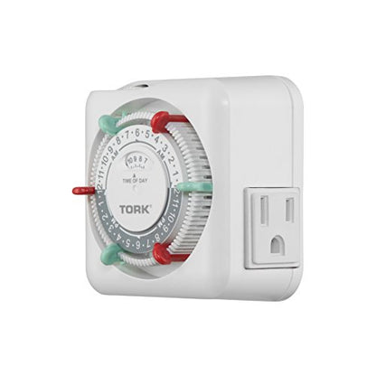 NSi Industries TORK RTN312 Indoor 15-Amp Plug-in Heavy Duty Mechanical Appliance Timer 24-Hour Programming – GREEN & RED Trippers TWO Receptacles White